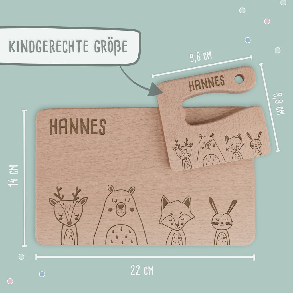 Personalisiertes Set aus Frühstücksbrettchen & Montessori-Kindermesser "Tierwelt"