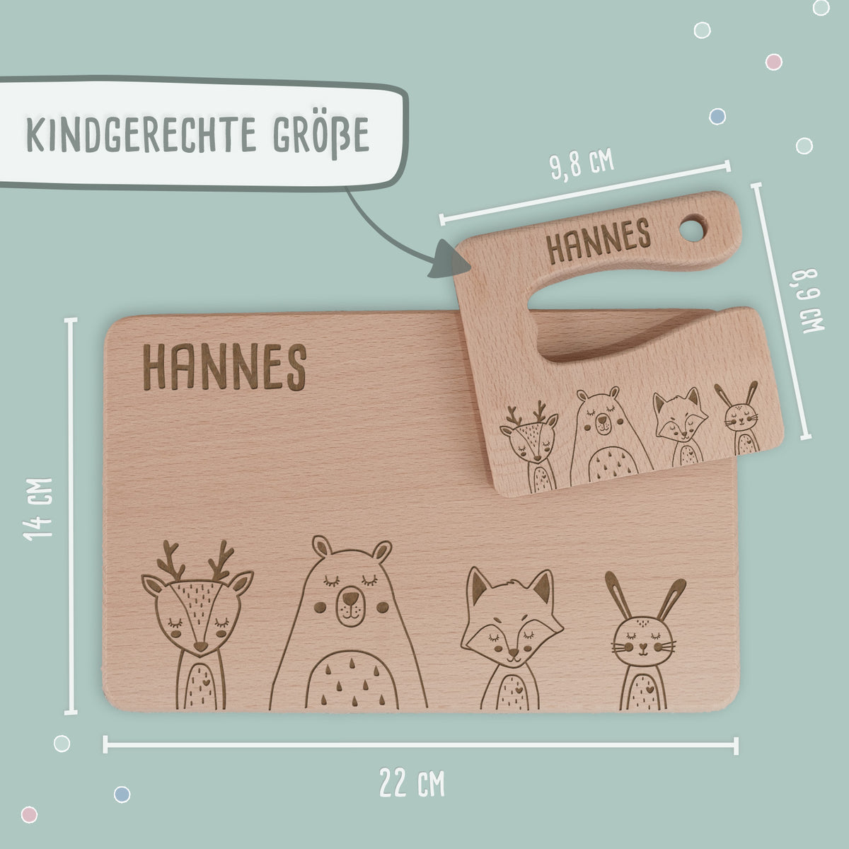 Personalisiertes Set aus Frühstücksbrettchen & Montessori-Kindermesser "Tierwelt"