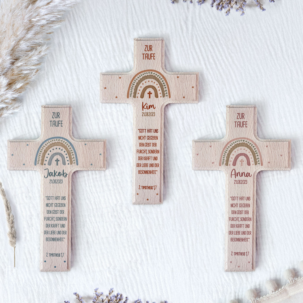 Personalisiertes Taufkreuz Aquarell "Regenbogen Rosa"