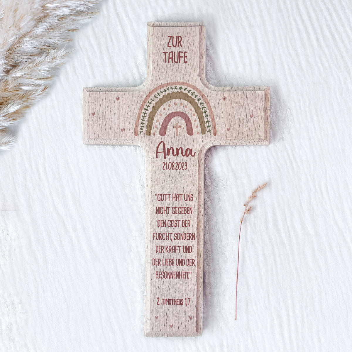 Personalisiertes Taufkreuz Aquarell "Regenbogen Rosa"