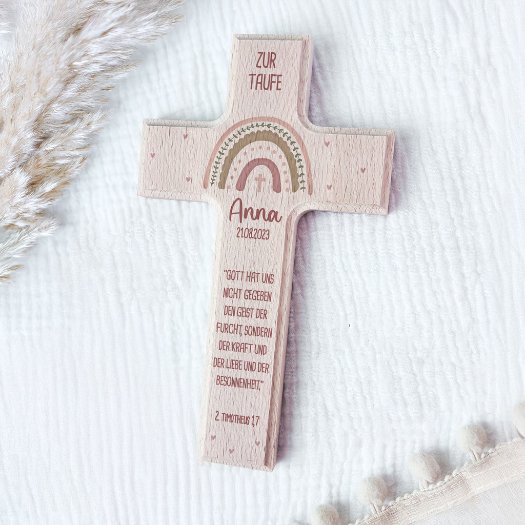 Personalisiertes Taufkreuz Aquarell "Regenbogen Rosa"