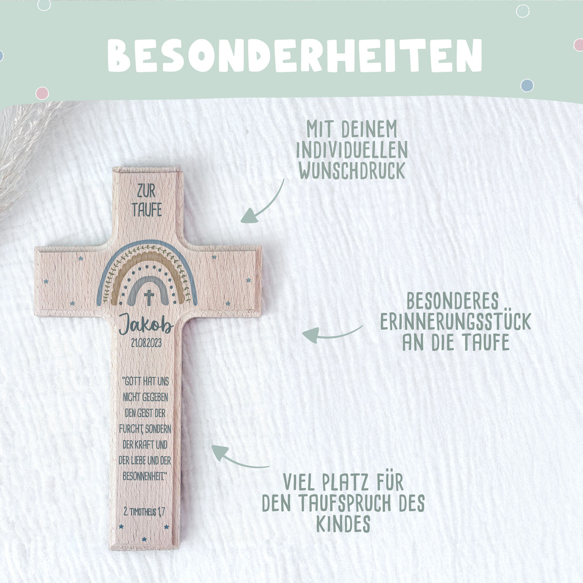 Personalisiertes Taufkreuz Aquarell "Regenbogen Blau"