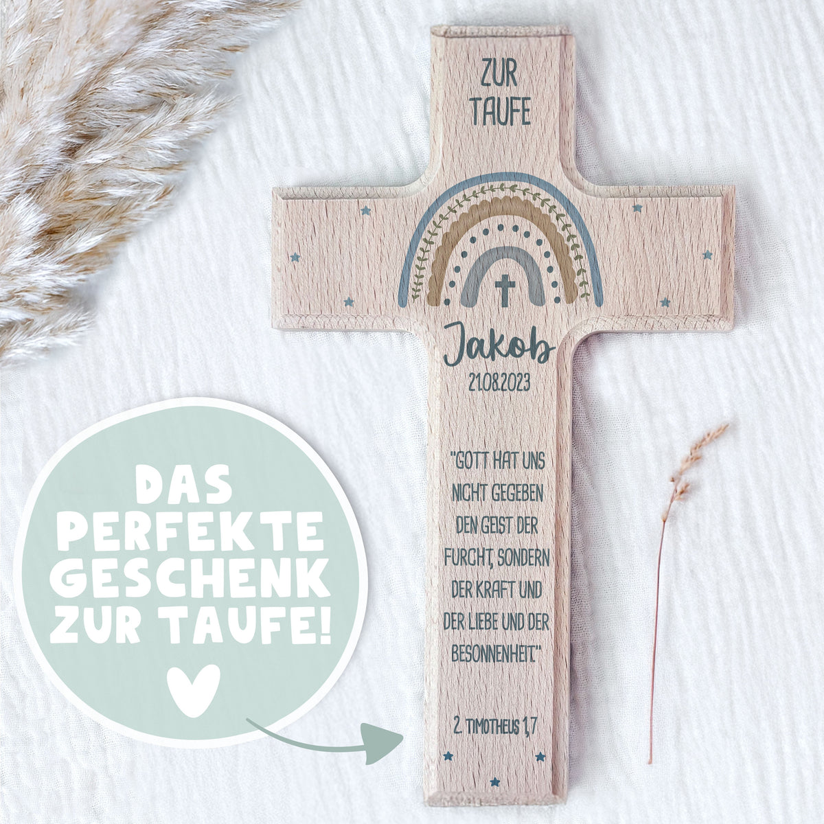 Personalisiertes Taufkreuz Aquarell "Regenbogen Blau"