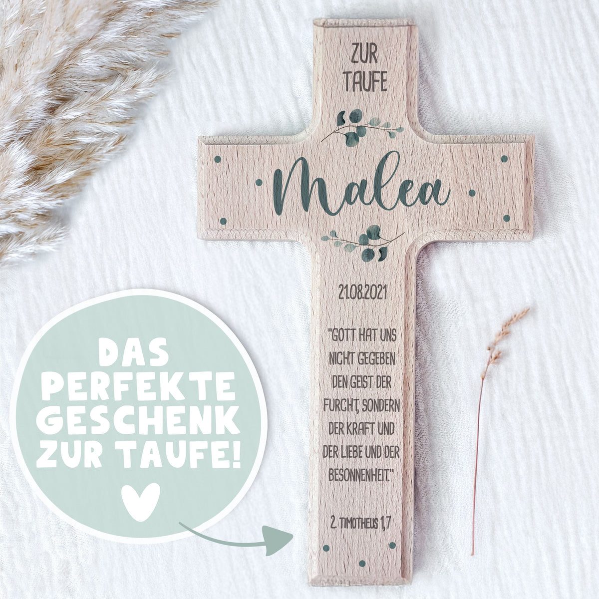 Personalisiertes Taufkreuz Aquarell "Eukalyptus"