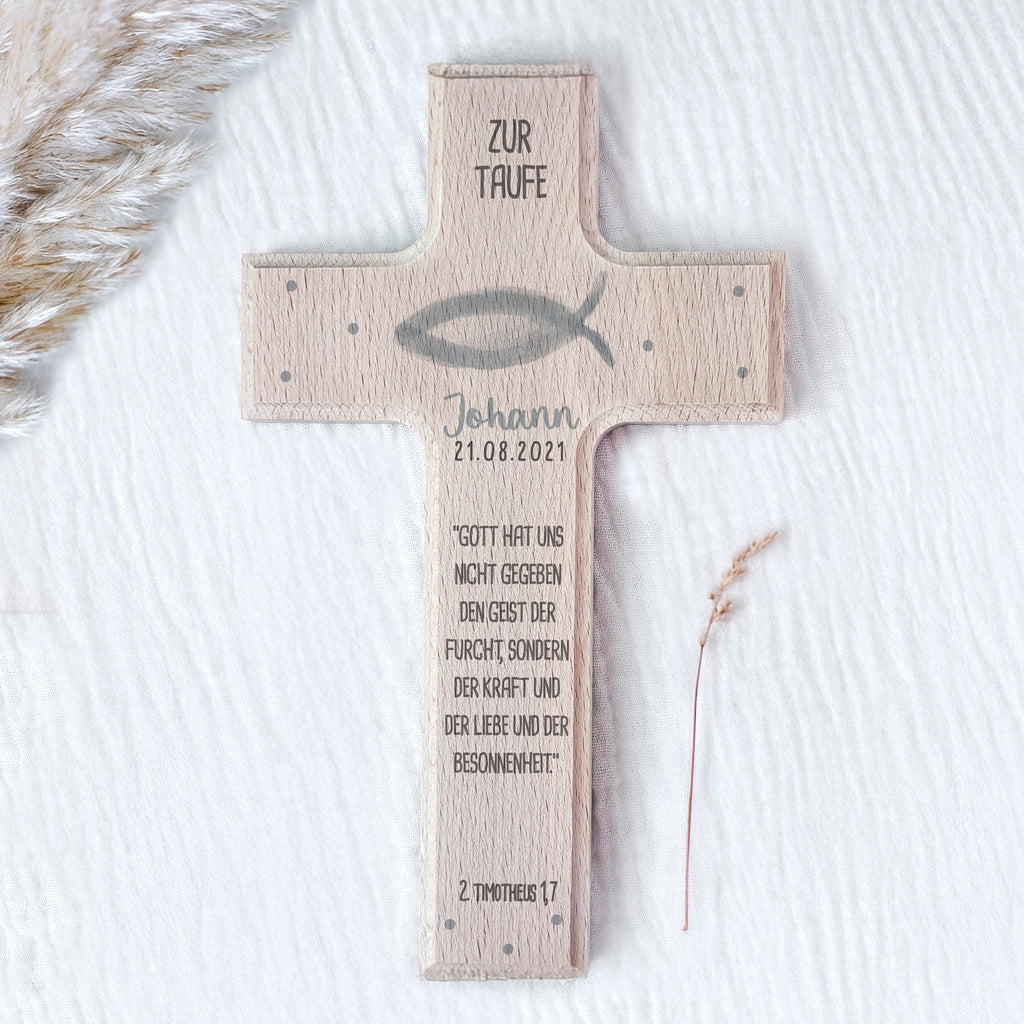 Personalisiertes Taufkreuz Aquarell "Fisch"