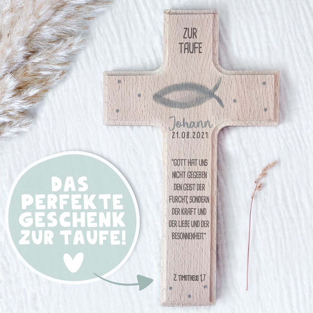 Personalisiertes Taufkreuz Aquarell "Fisch"