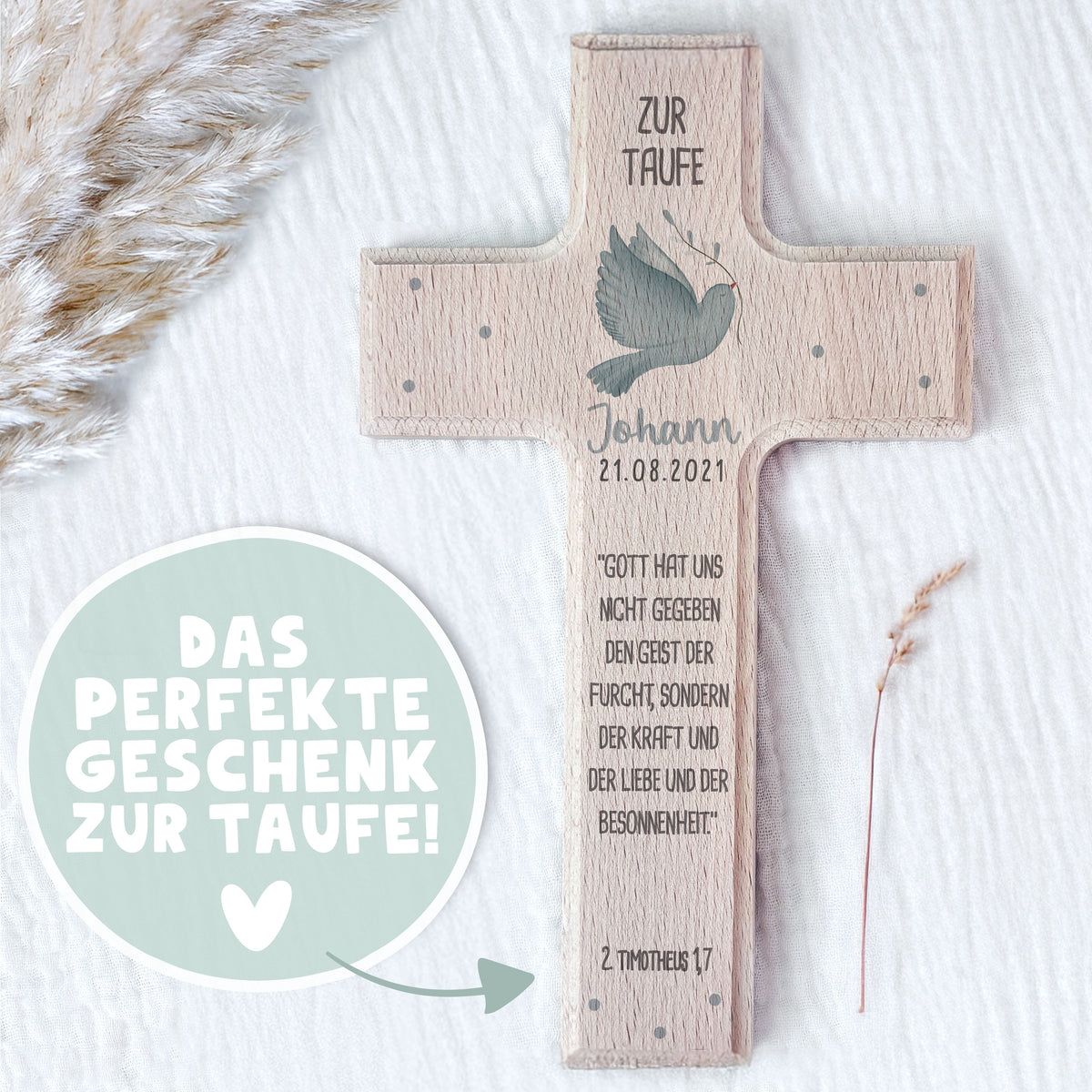 Personalisiertes Taufkreuz Aquarell "Taube"