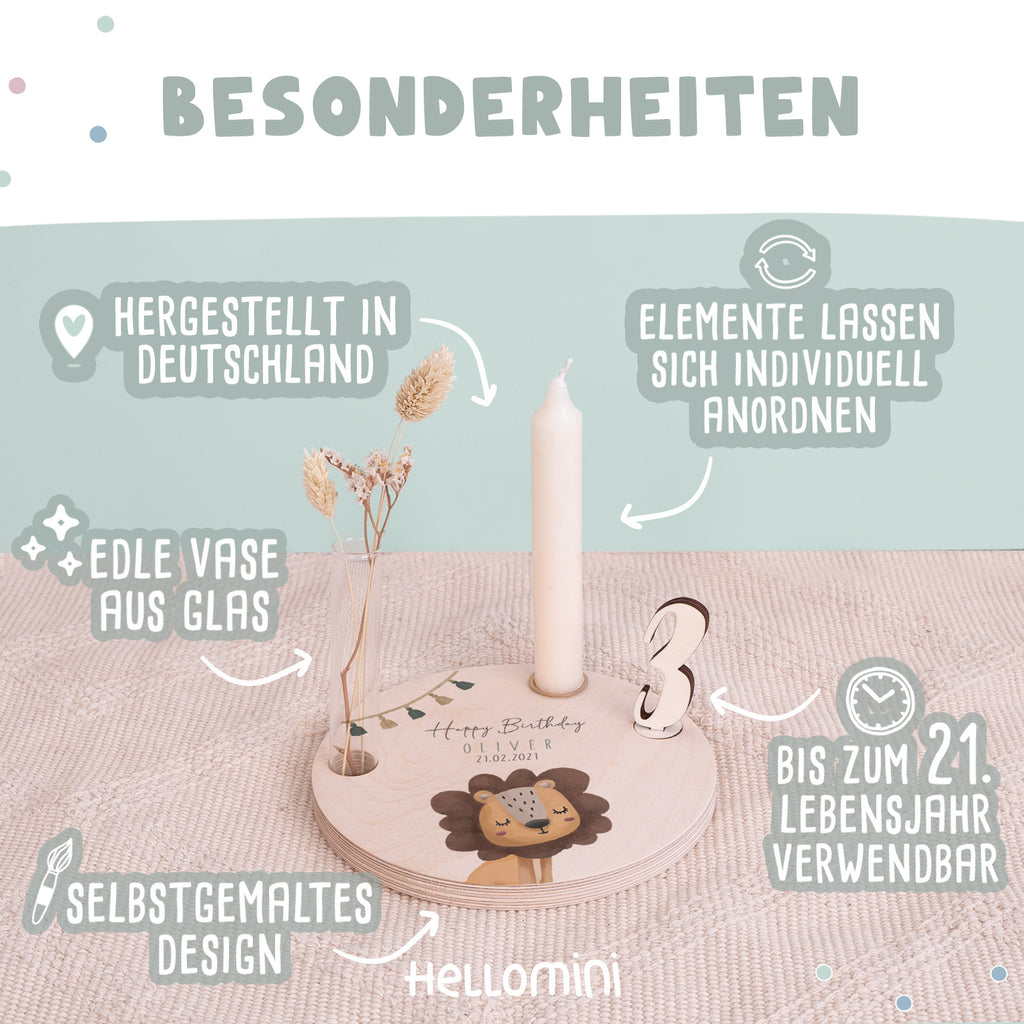 Personalisierter Geburtstagsteller Löwe mit Kerzenhalter, Vase & Jahreszahlen