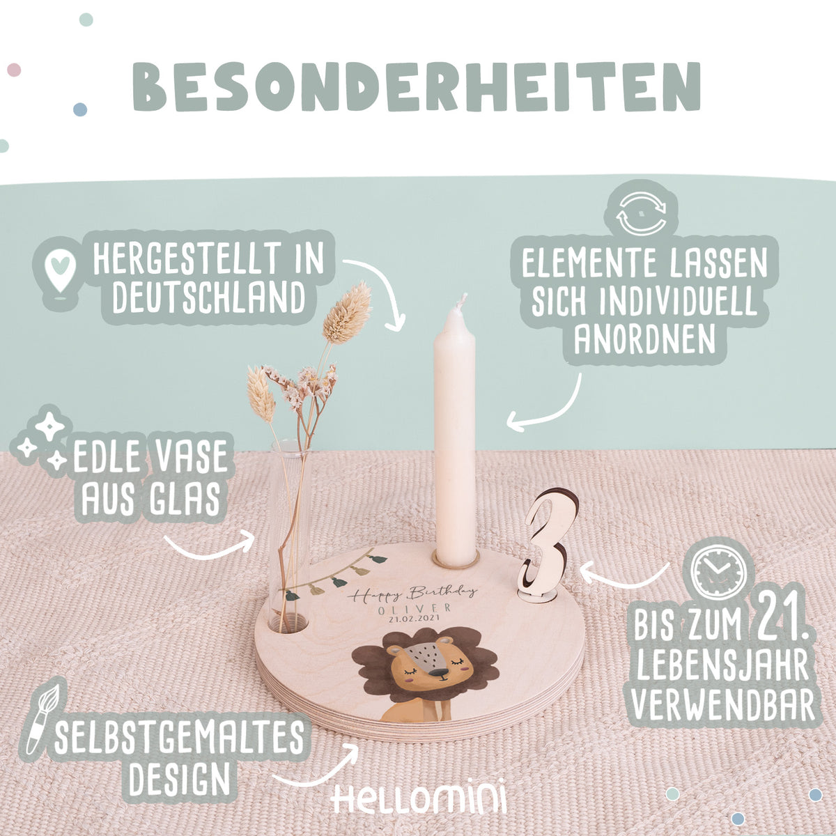 Personalisierter Geburtstagsteller Löwe mit Kerzenhalter, Vase & Jahreszahlen