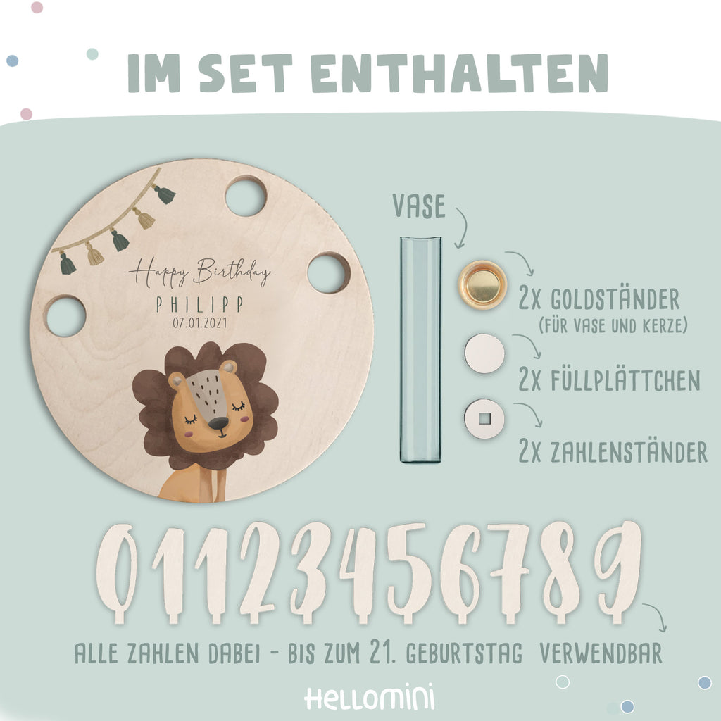 Personalisierter Geburtstagsteller Löwe mit Kerzenhalter, Vase & Jahreszahlen