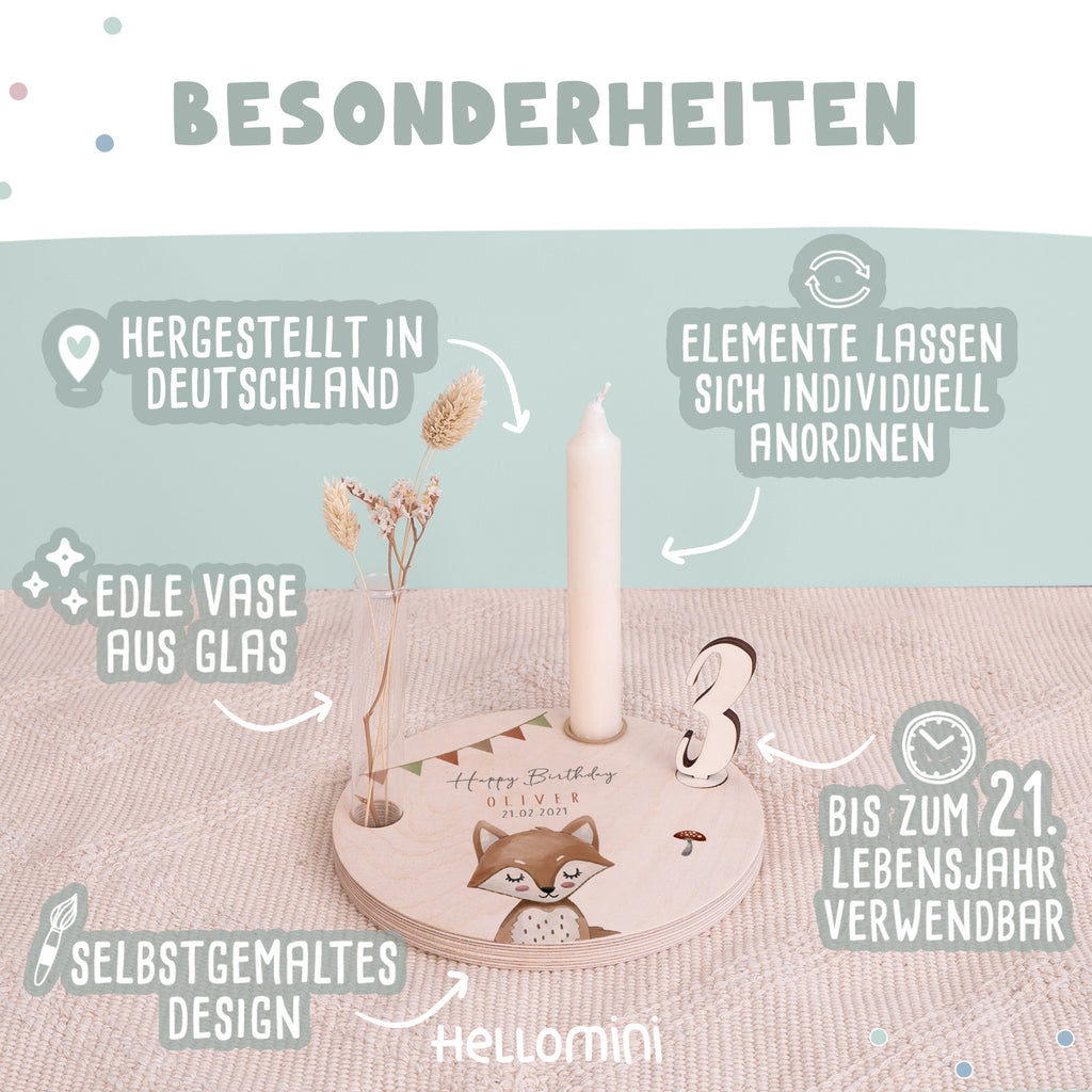 Personalisierter Geburtstagsteller Fuchs mit Kerzenhalter, Vase & Jahreszahlen