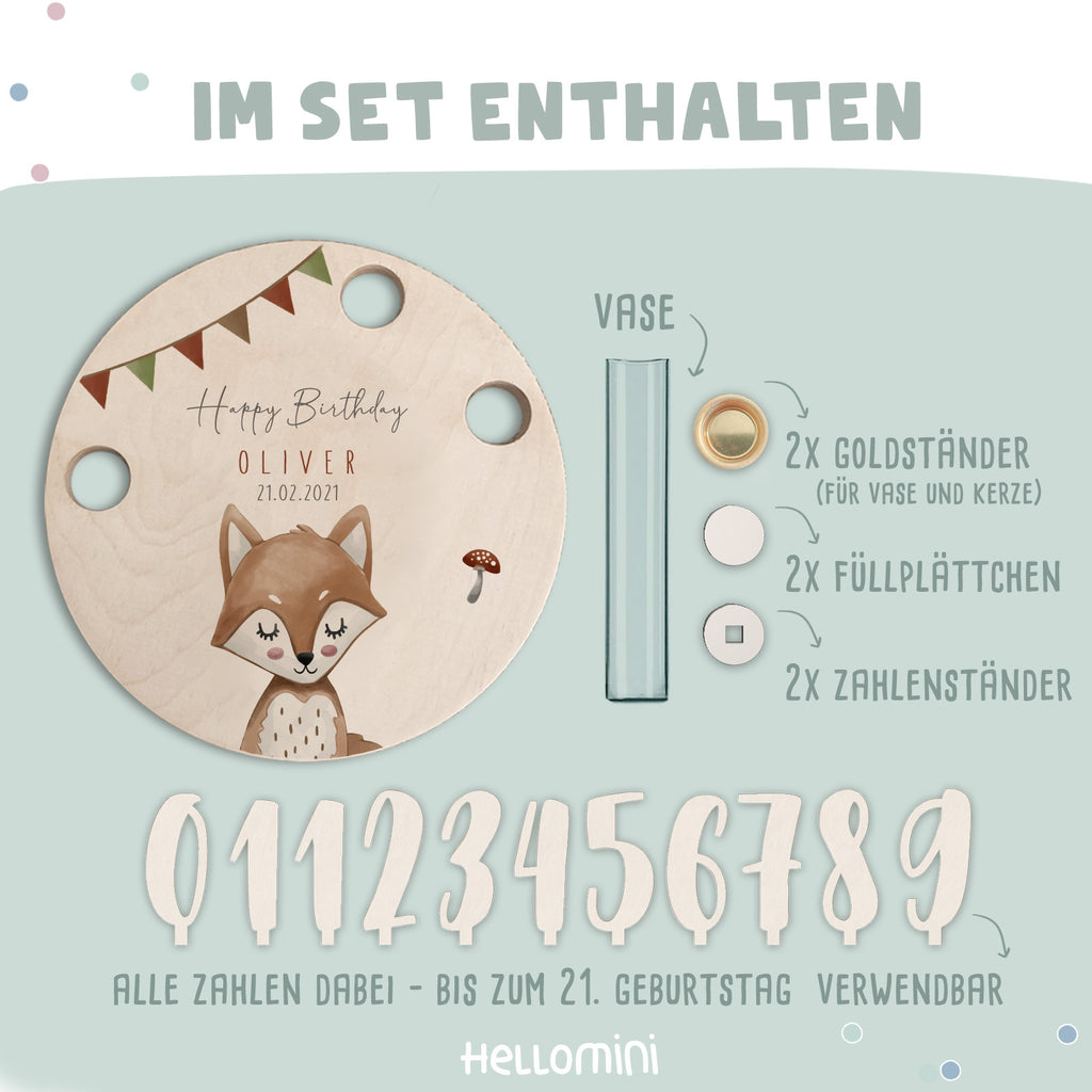 Personalisierter Geburtstagsteller Fuchs mit Kerzenhalter, Vase & Jahreszahlen