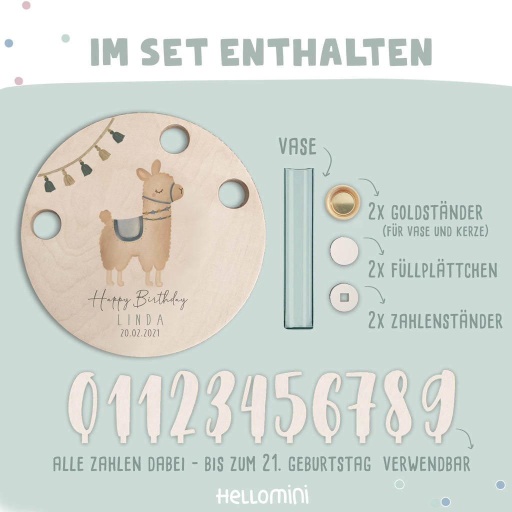 Personalisierter Geburtstagsteller Alpaka mit Kerzenhalter, Vase & Jahreszahlen