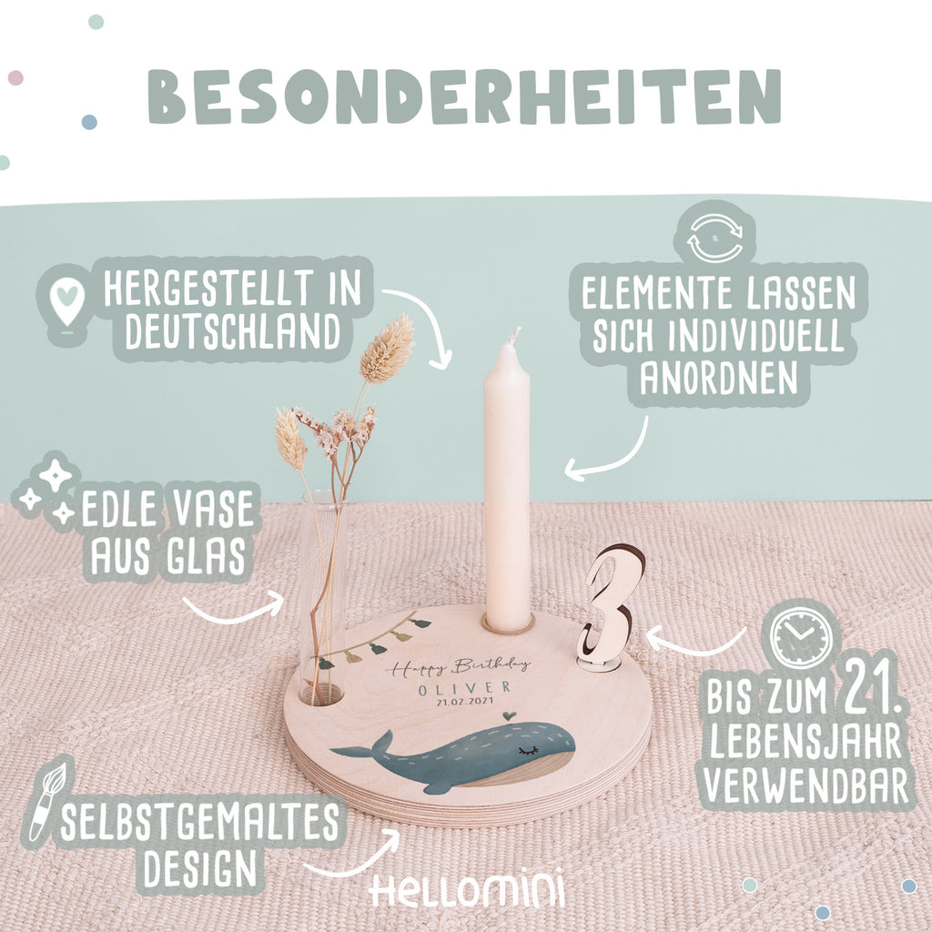 Personalisierter Geburtstagsteller Wal mit Kerzenhalter, Vase & Jahreszahlen