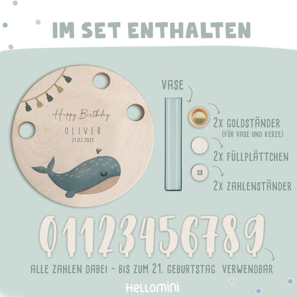 Personalisierter Geburtstagsteller Wal mit Kerzenhalter, Vase & Jahreszahlen