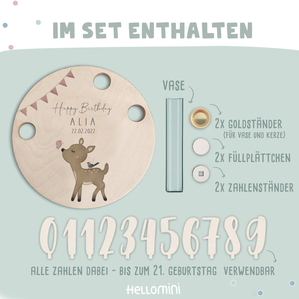 Personalisierter Geburtstagsteller Reh mit Kerzenhalter, Vase & Jahreszahlen