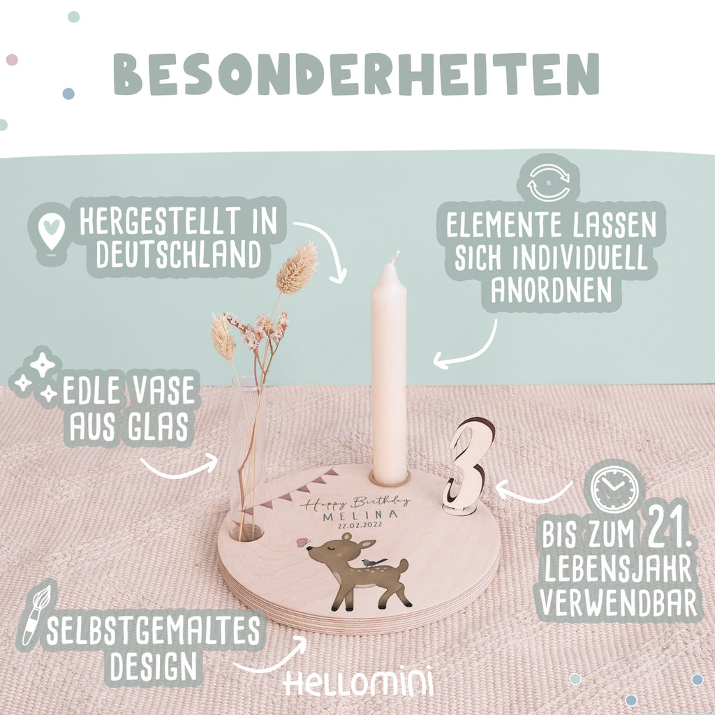 Personalisierter Geburtstagsteller Reh mit Kerzenhalter, Vase & Jahreszahlen
