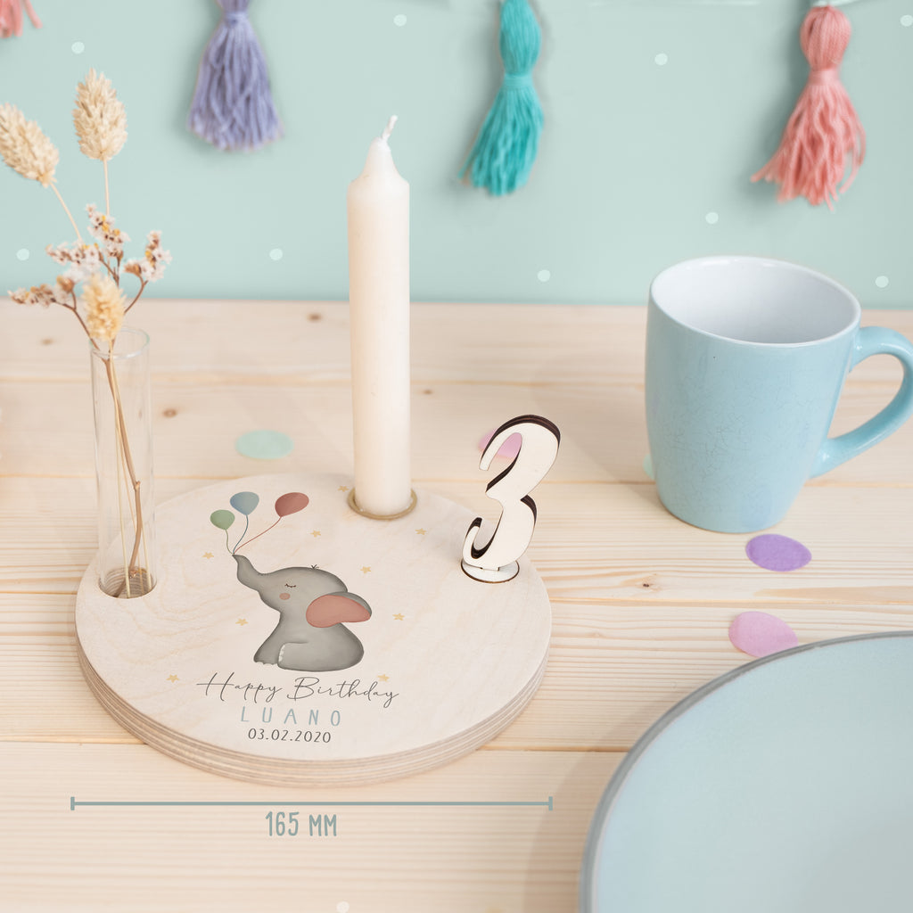 Personalisierter Geburtstagsteller Elefant mit Kerzenhalter, Vase & Jahreszahlen