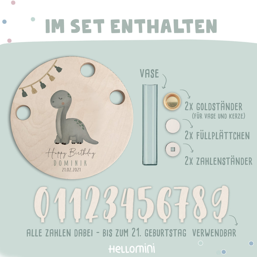 Personalisierter Geburtstagsteller Dino mit Kerzenhalter, Vase & Jahreszahlen
