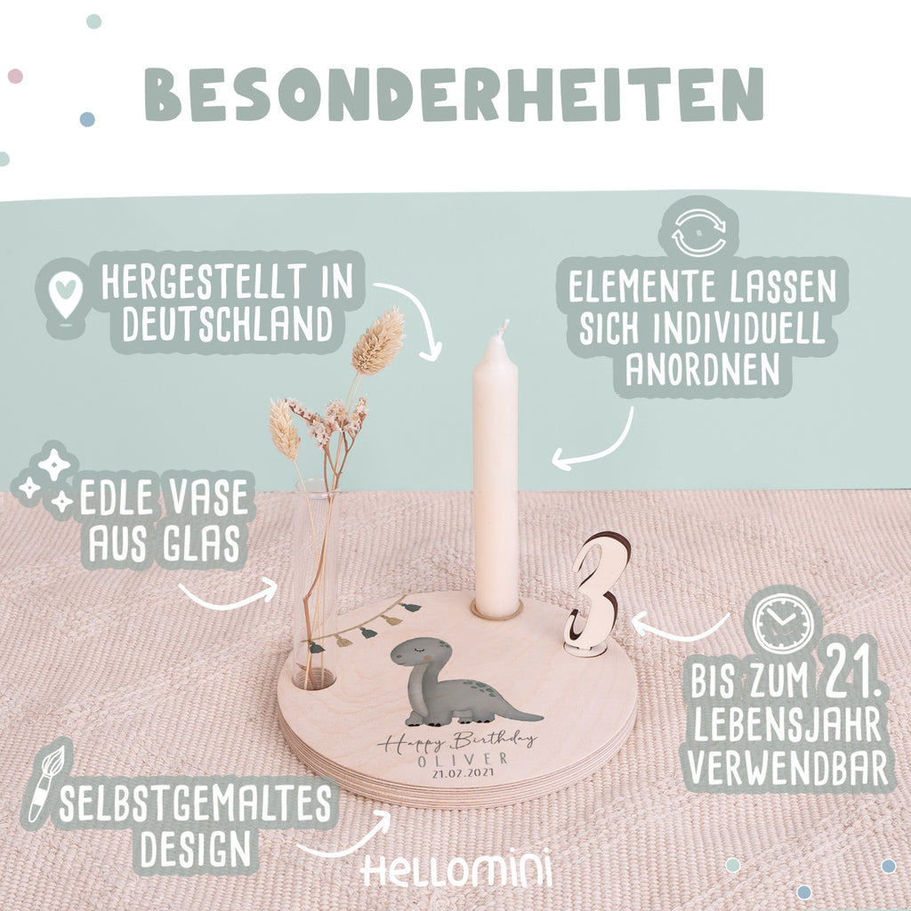 Personalisierter Geburtstagsteller Dino mit Kerzenhalter, Vase & Jahreszahlen