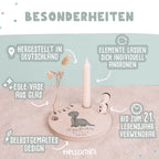 Personalisierter Geburtstagsteller Dino mit Kerzenhalter, Vase & Jahreszahlen