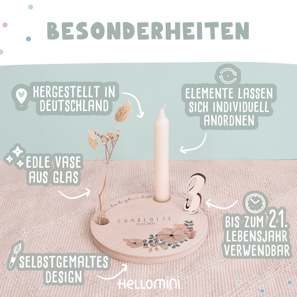 Personalisierter Geburtstagsteller Blumen mit Kerzenhalter, Vase & Jahreszahlen
