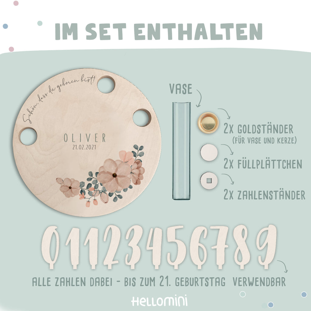Personalisierter Geburtstagsteller Blumen mit Kerzenhalter, Vase & Jahreszahlen