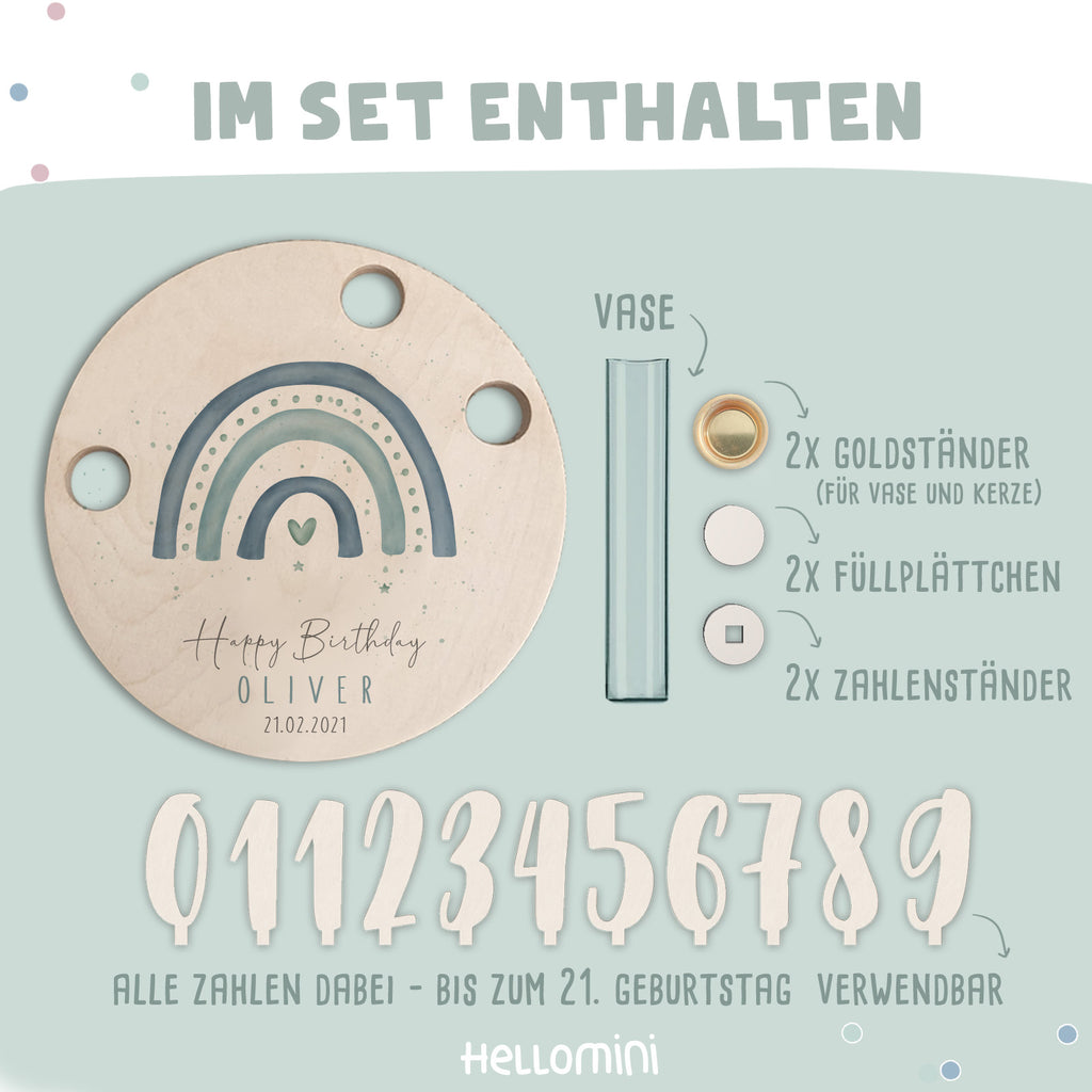 Personalisierter Geburtstagsteller Regenbogen blau mit Kerzenhalter, Vase & Jahreszahlen