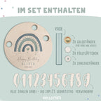Personalisierter Geburtstagsteller Regenbogen blau mit Kerzenhalter, Vase & Jahreszahlen