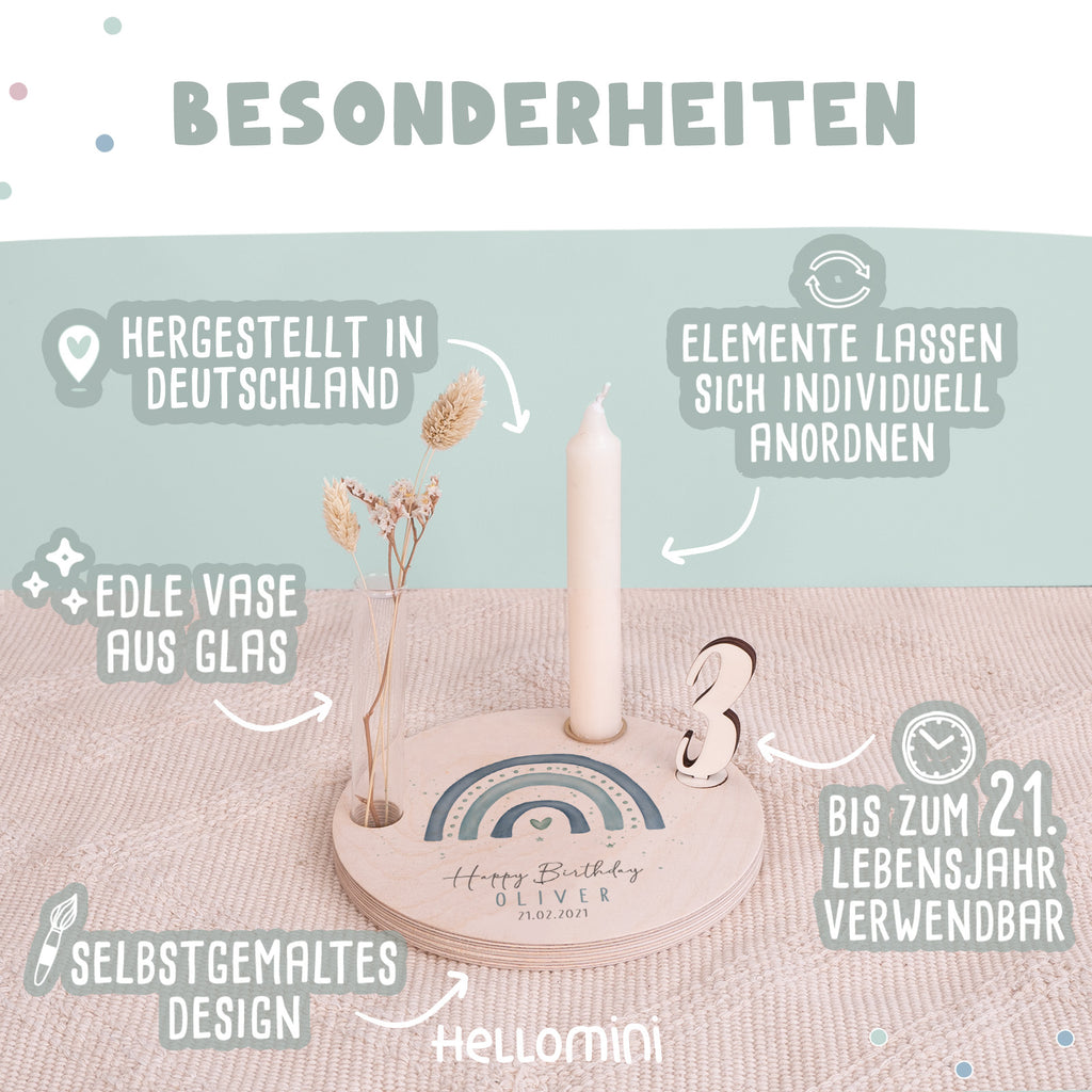 Personalisierter Geburtstagsteller Regenbogen blau mit Kerzenhalter, Vase & Jahreszahlen