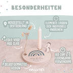 Personalisierter Geburtstagsteller Regenbogen blau mit Kerzenhalter, Vase & Jahreszahlen