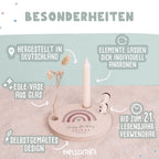 Personalisierter Geburtstagsteller Regenbogen rosa mit Kerzenhalter, Vase & Jahreszahlen