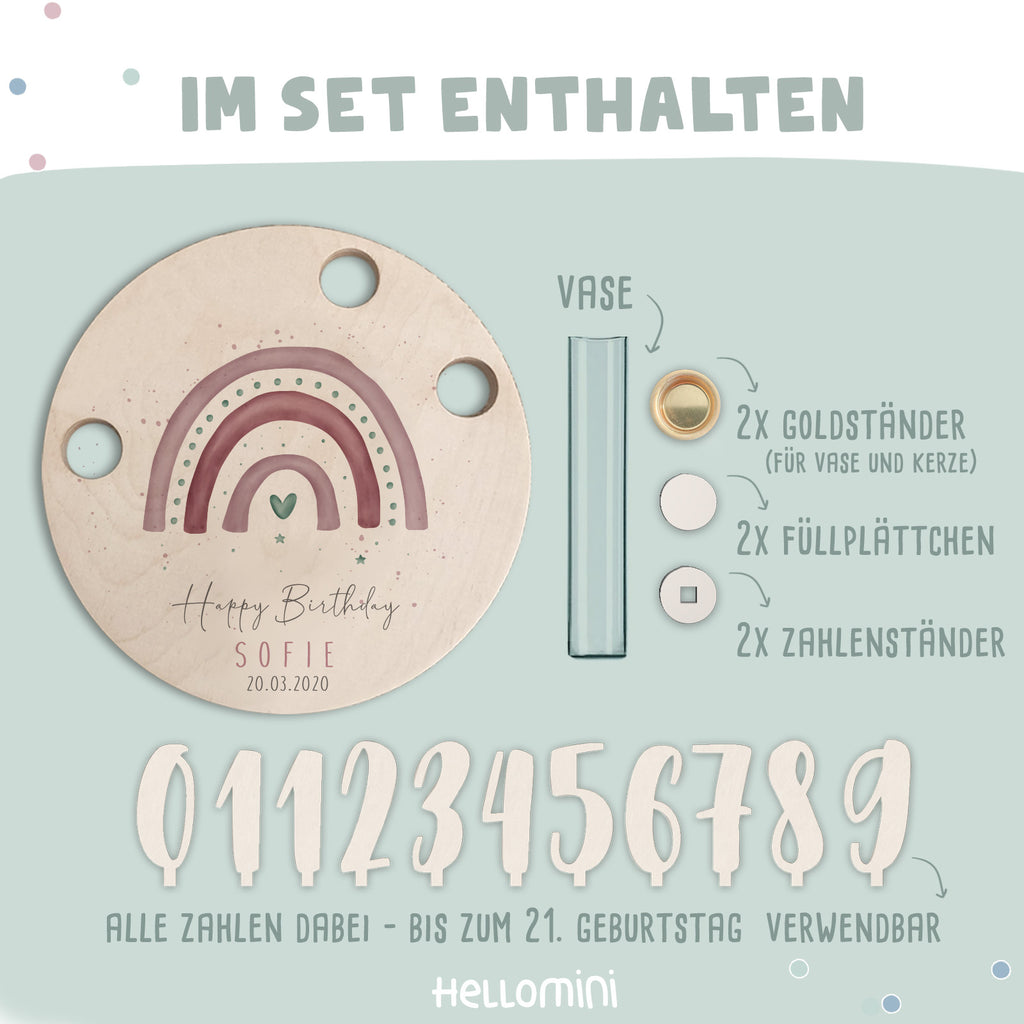 Personalisierter Geburtstagsteller Regenbogen rosa mit Kerzenhalter, Vase & Jahreszahlen