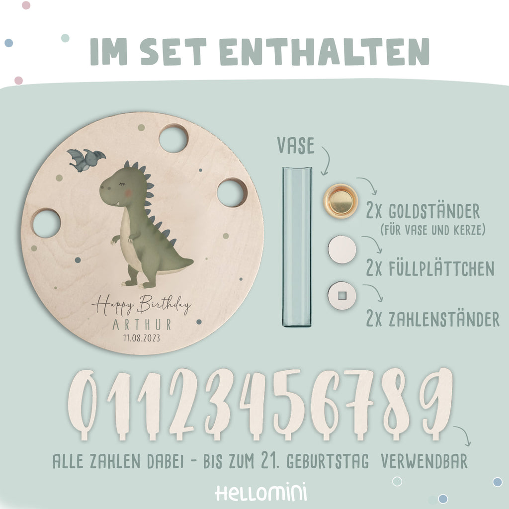Personalisierter Geburtstagsteller T-Rex mit Kerzenhalter, Vase & Jahreszahlen