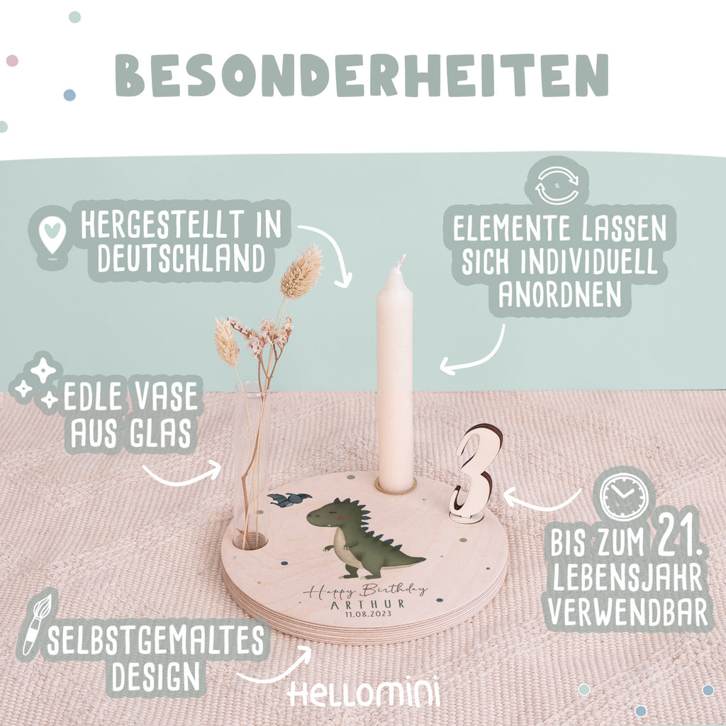 Personalisierter Geburtstagsteller T-Rex mit Kerzenhalter, Vase & Jahreszahlen