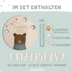 Personalisierter Geburtstagsteller Bär mit Kerzenhalter, Vase & Jahreszahlen