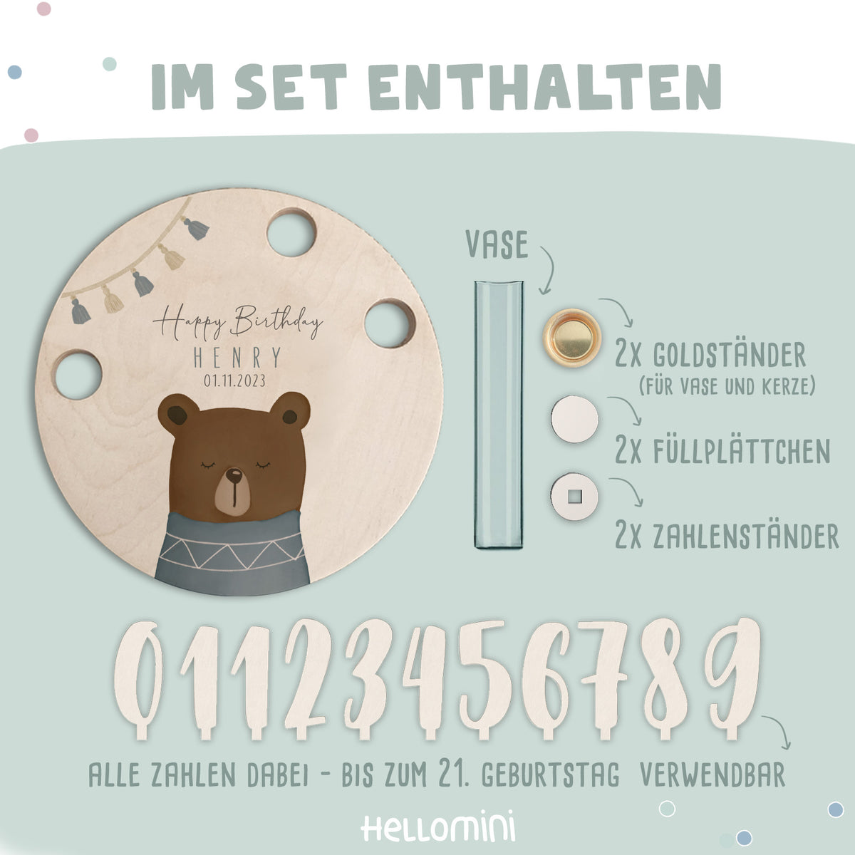 Personalisierter Geburtstagsteller Bär mit Kerzenhalter, Vase & Jahreszahlen