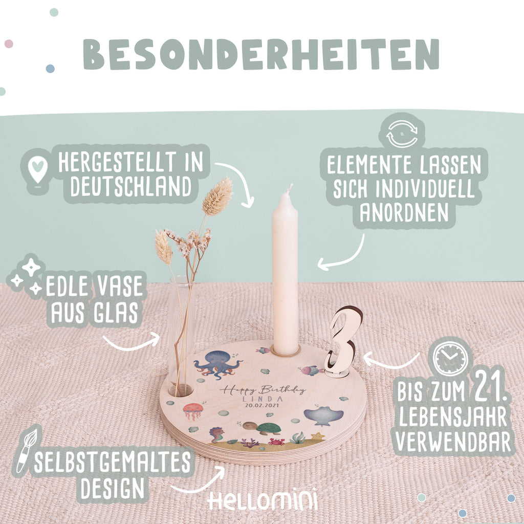 Personalisierter Geburtstagsteller Unterwasserwelt mit Kerzenhalter, Vase & Jahreszahlen