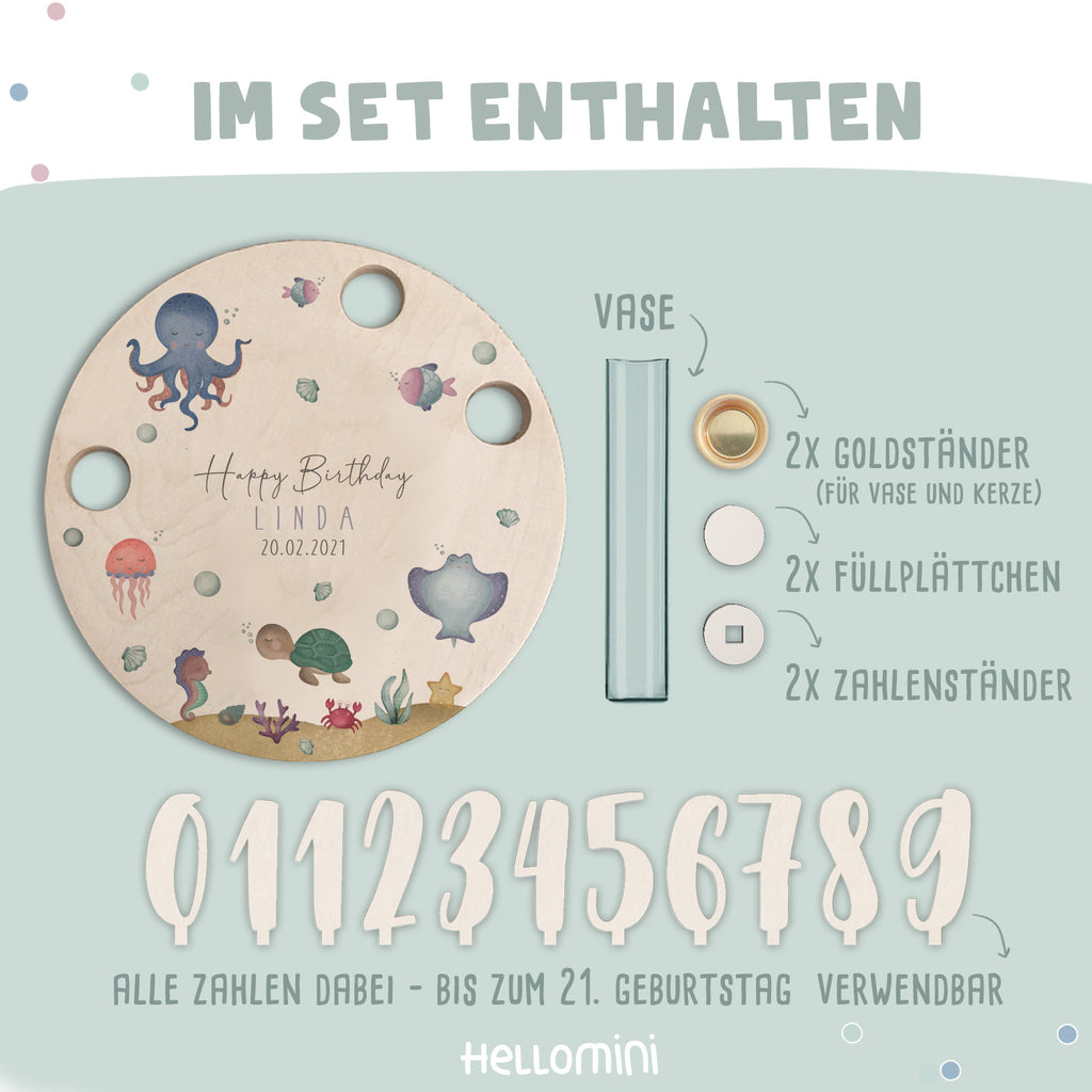 Personalisierter Geburtstagsteller Unterwasserwelt mit Kerzenhalter, Vase & Jahreszahlen