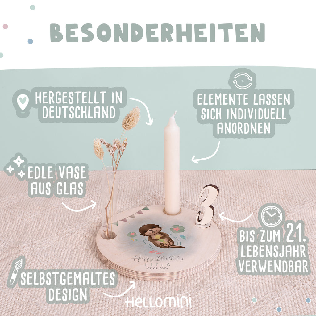 Personalisierter Geburtstagsteller Otter mit Kerzenhalter, Vase & Jahreszahlen