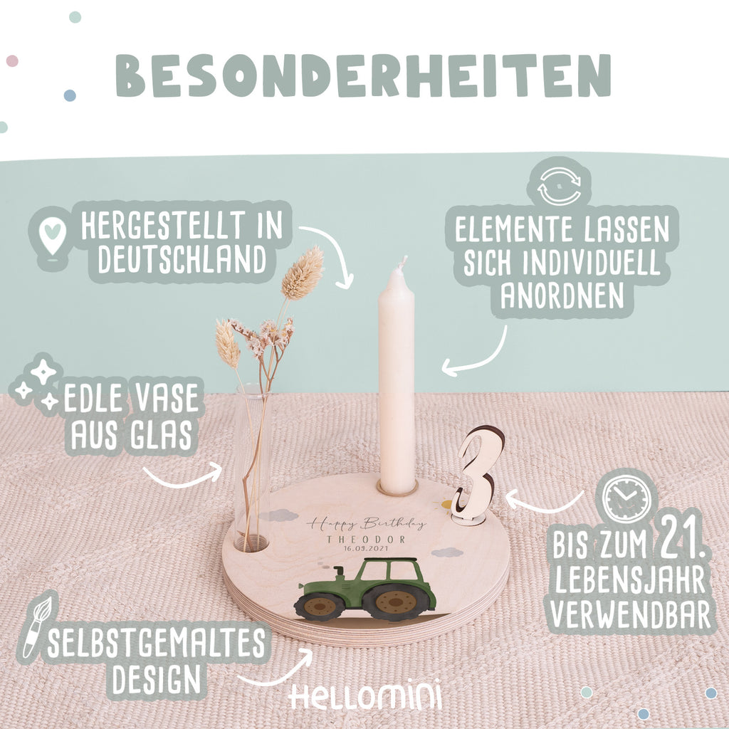Personalisierter Geburtstagsteller Trecker mit Kerzenhalter, Vase & Jahreszahlen