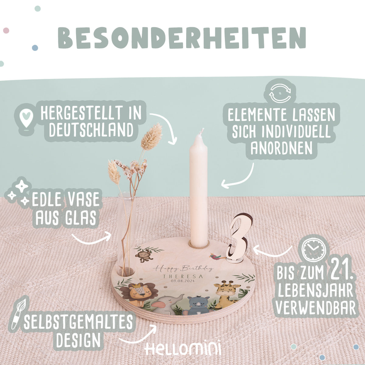 Personalisierter Geburtstagsteller Safari mit Kerzenhalter, Vase & Jahreszahlen