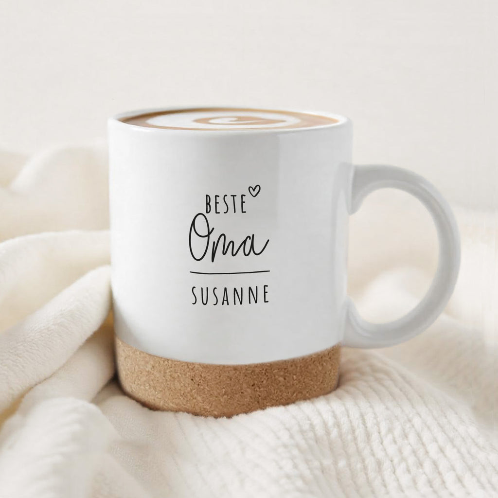 Personalisierte Tasse mit Korkboden und Deckel "Oma"