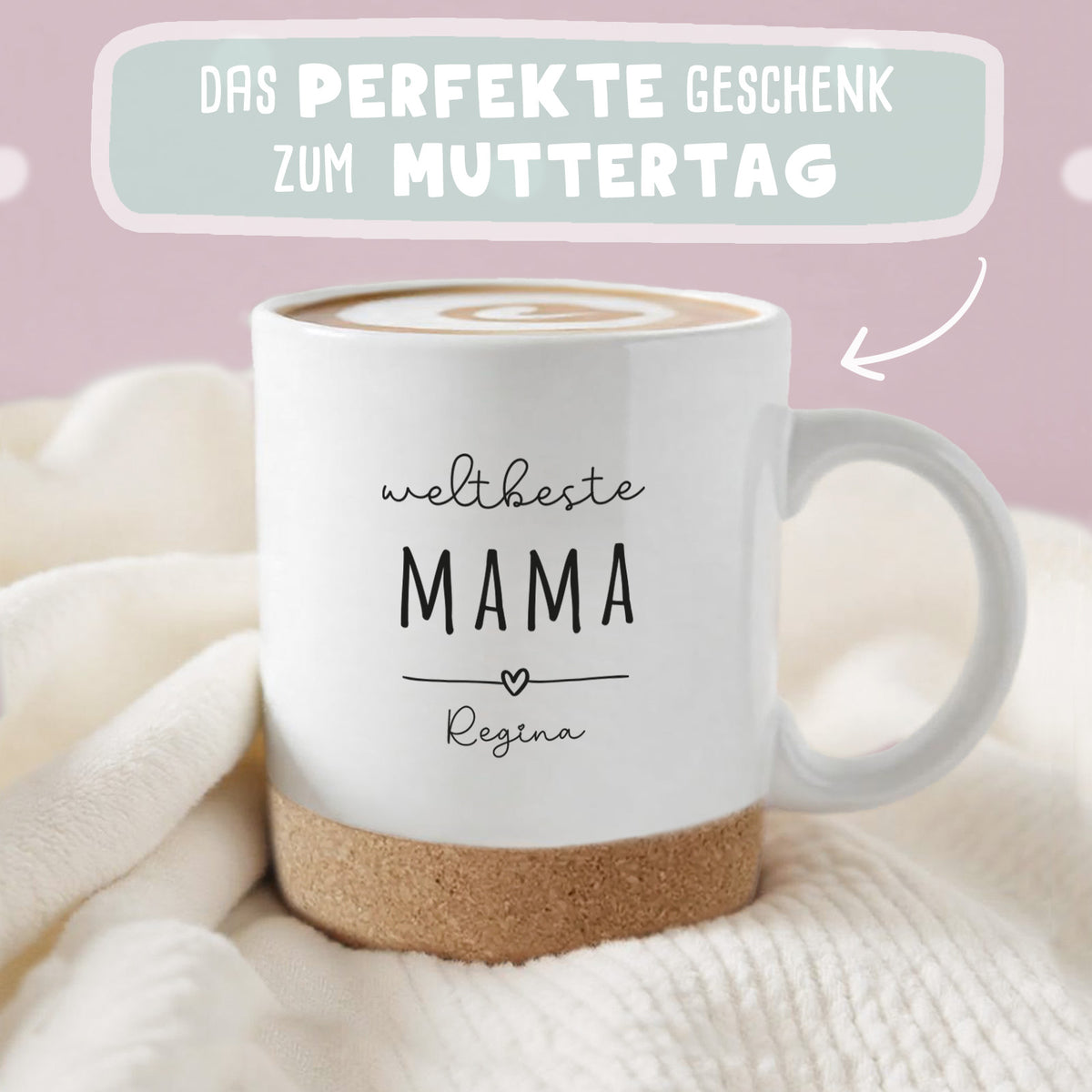 Personalisierte Tasse mit Korkboden und Deckel "Muttertag"