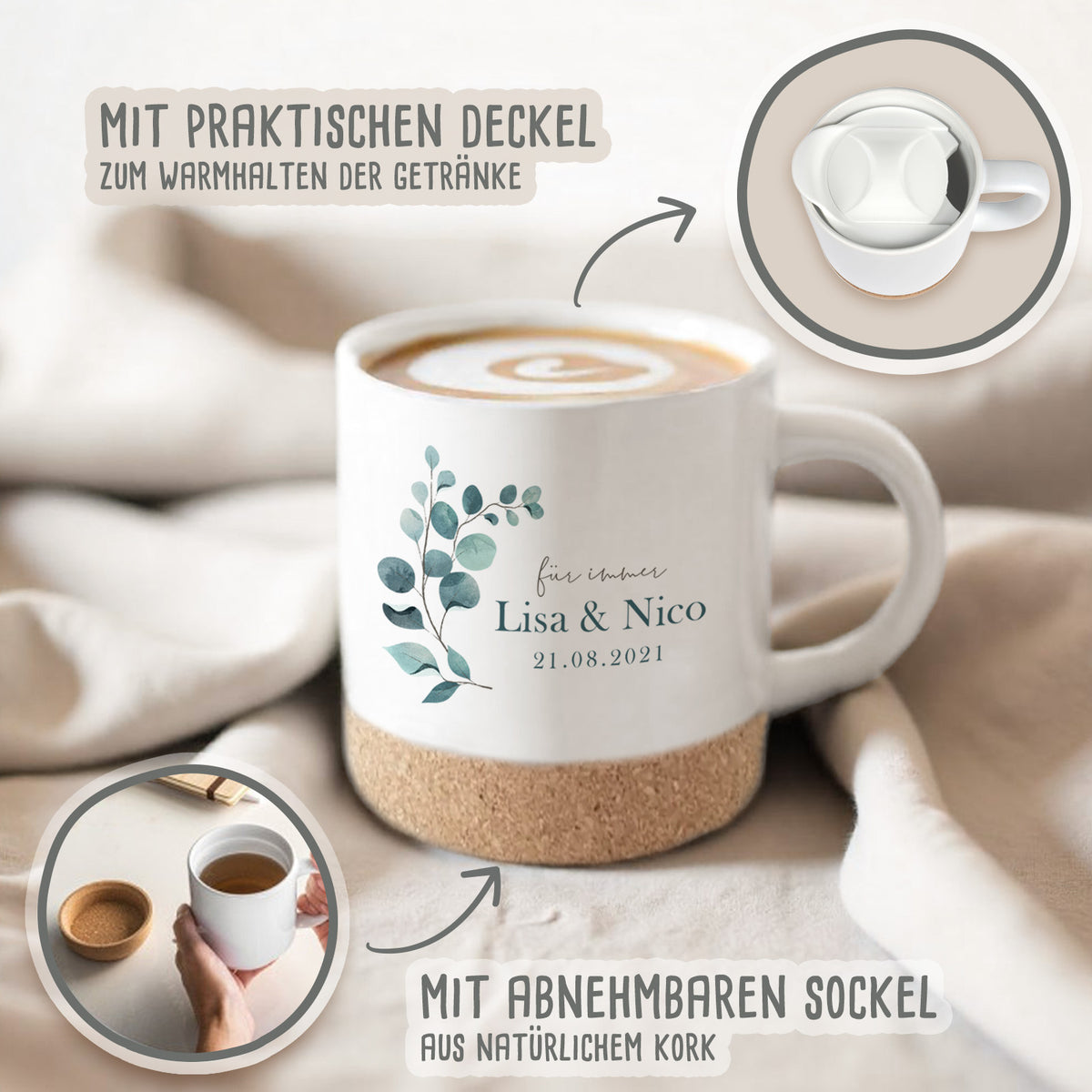 Personalisierte Tasse mit Korkboden und Deckel "Oma"