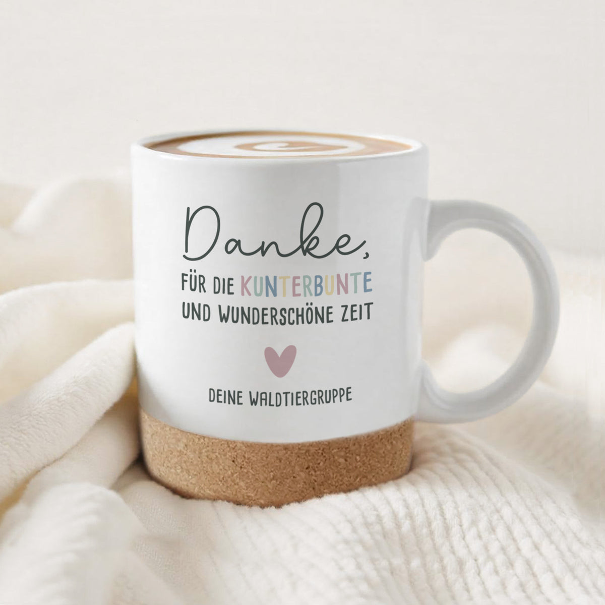Personalisierte Tasse mit Korkboden und Deckel "Dankeschön" als Abschiedsgeschenk
