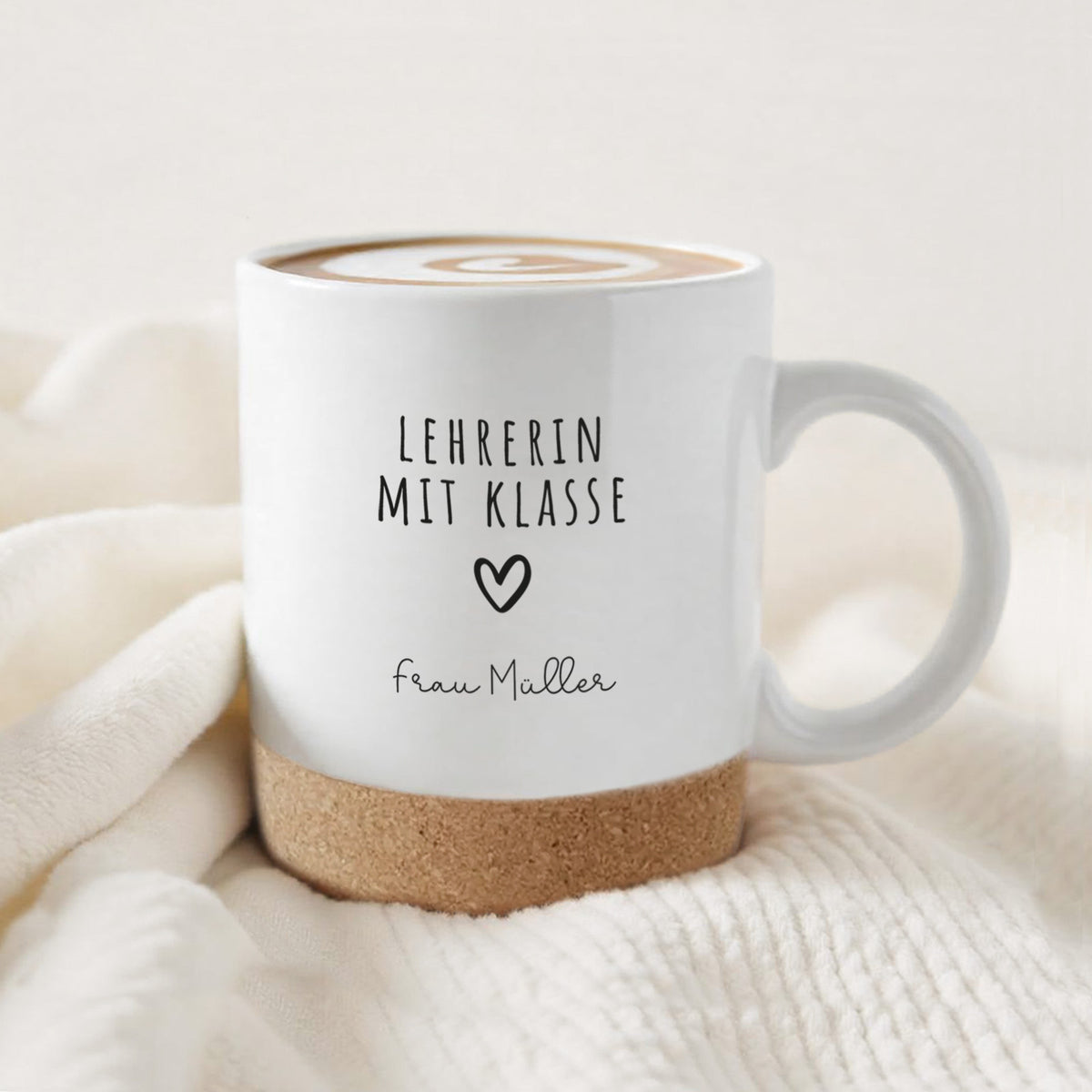 Personalisierte Tasse mit Korkboden und Deckel "Dankeschön" als Abschiedsgeschenk