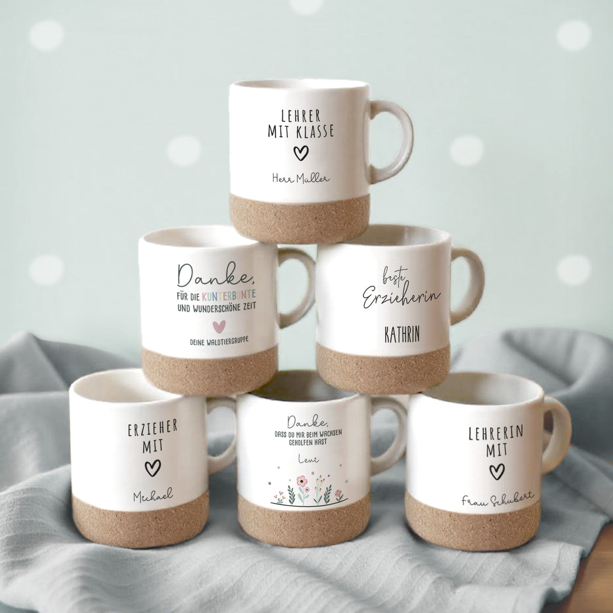 Personalisierte Tasse mit Korkboden und Deckel "Dankeschön" als Abschiedsgeschenk