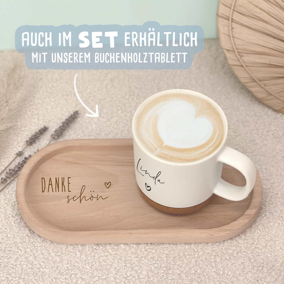 Personalisierte Tasse mit Korkboden und Deckel "Dankeschön" als Abschiedsgeschenk