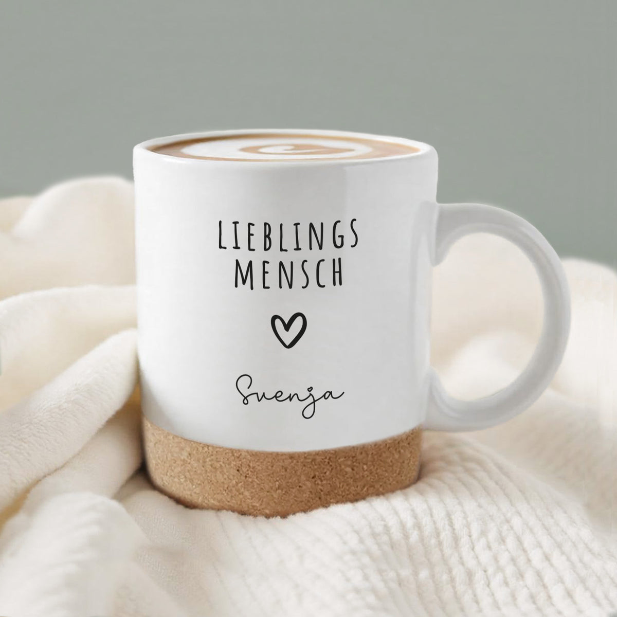 Personalisierte Tasse mit Korkboden und Deckel "Hochzeit"